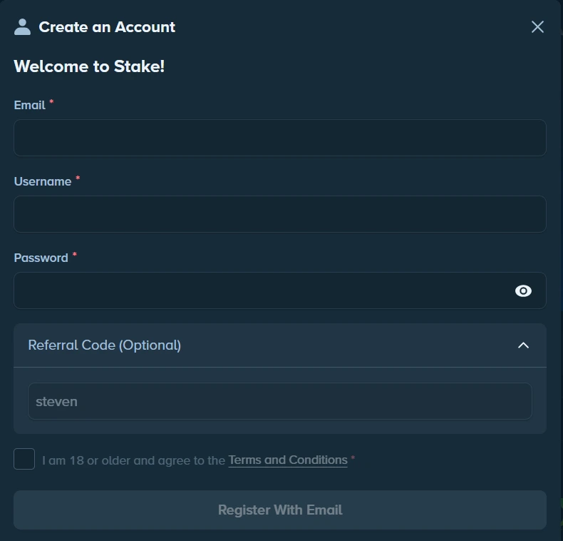 Stake registration screen showing creator code Steven